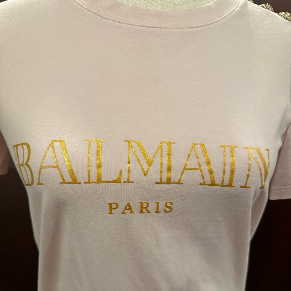 Balmain Pink T-Shirt with Gold Accents